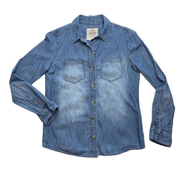 SO‎ Juniors Medium Wash Blue Denim Chambray Long Sleeve Cotton Top sz Small - Picture 2 of 5